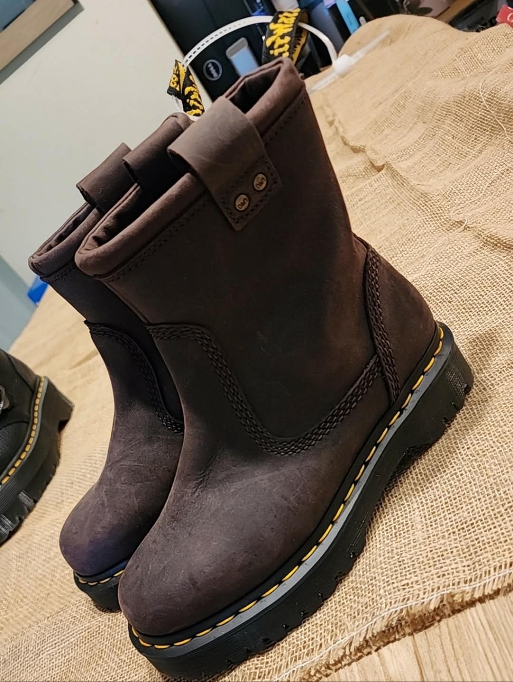Dr. Martens Brown Leather Combat Boots with Yellow Stitching